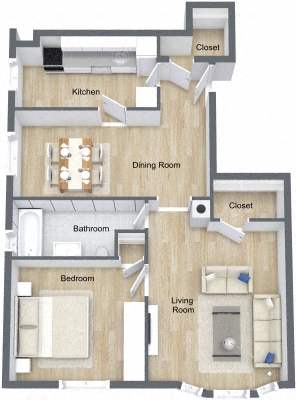 Floor plan for 1 bed, 1 bath, 500 sqft
